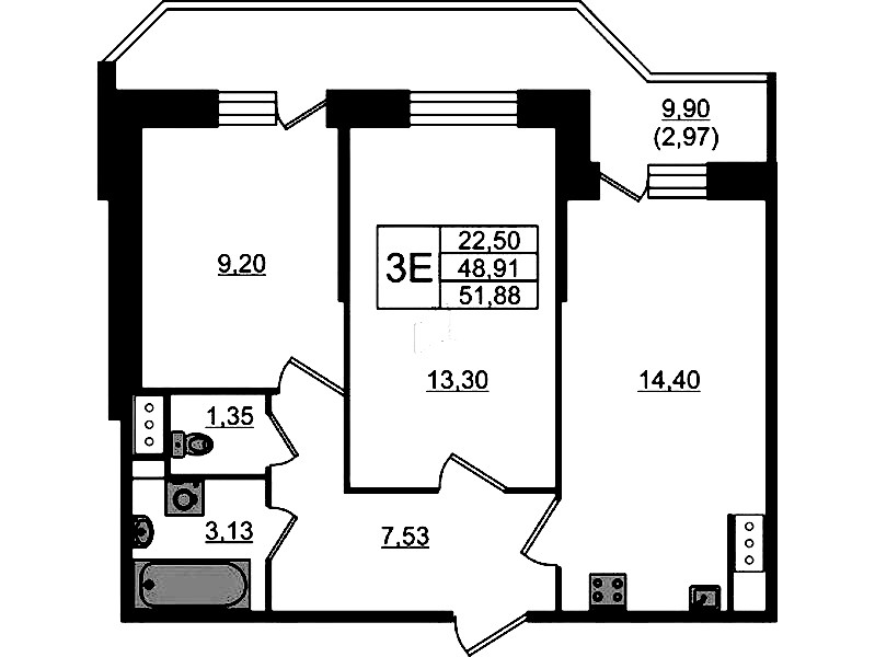 2-комнатная квартира 51.88 м², 12/23 эт., ЖК «Живи! В Рыбацком»